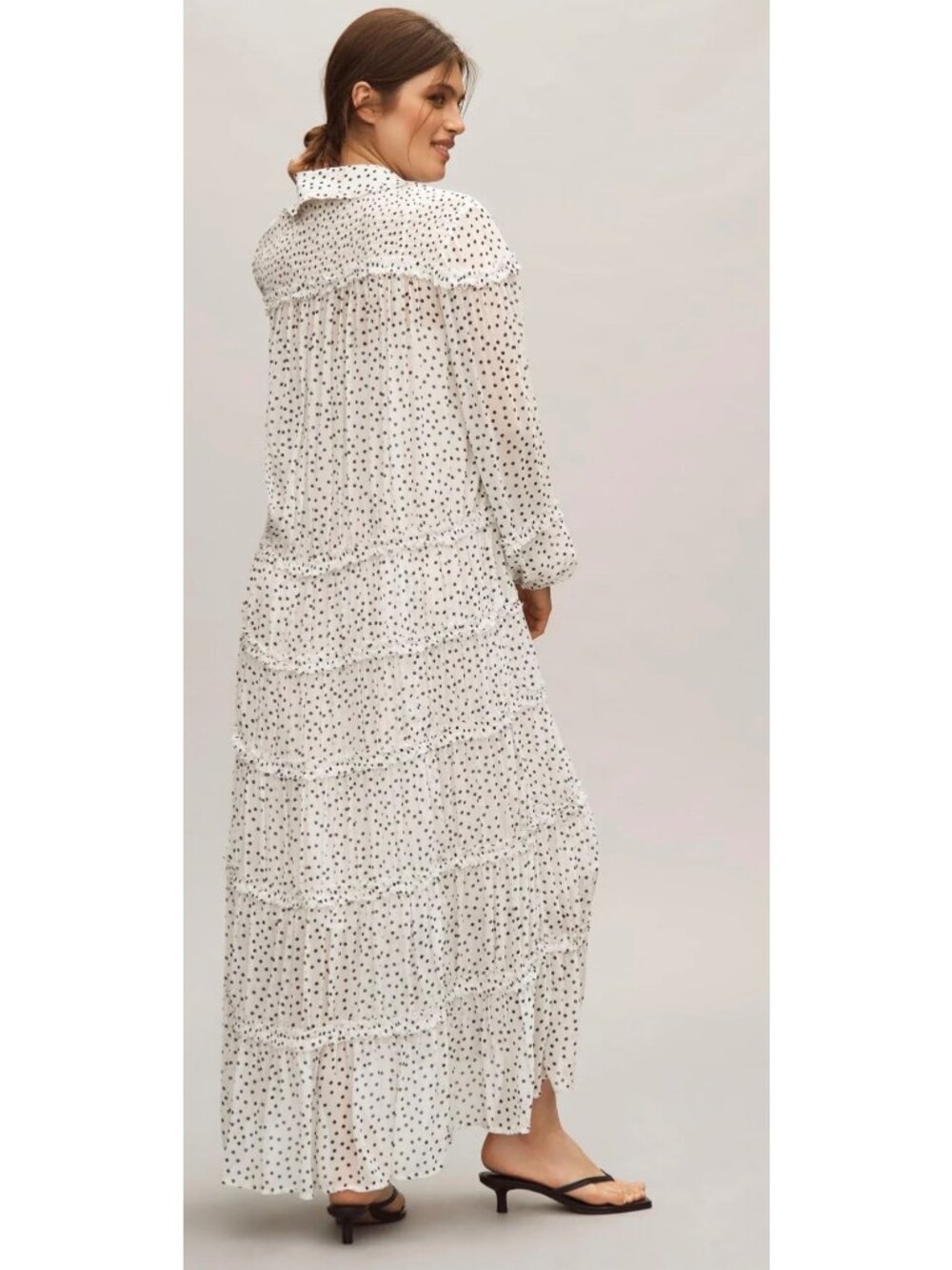ANTHROPOLOGIE Long Sleeve Smocked Tiered Maxi Dress L White/Black Polka Dot - Picture 5 of 16